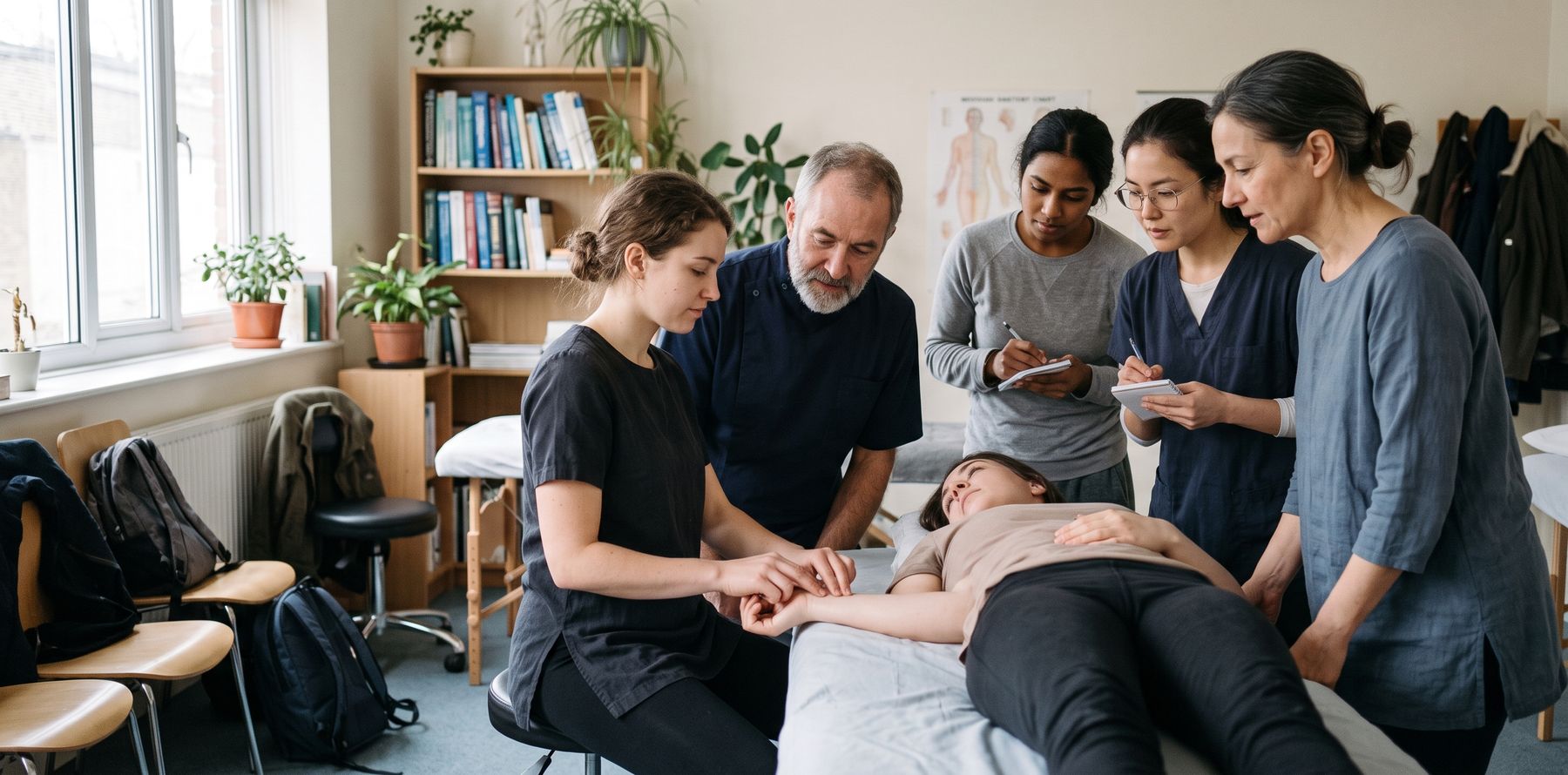 An acupuncture tutor guiding students around a treatment couch in a teaching clinic