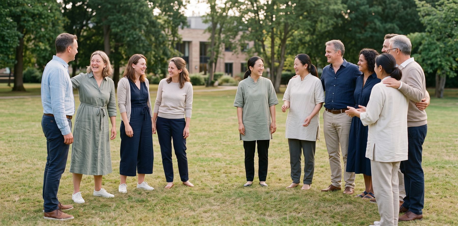 A group of practitioners chatting and laughing together outdoors in a park